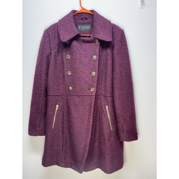 Guess Women’s Wool Coat Red Wine Double Breasted Walder Buttons Lined Long Sz XL - Picture 1 of 15